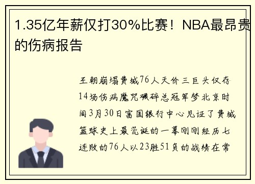 1.35亿年薪仅打30%比赛！NBA最昂贵的伤病报告