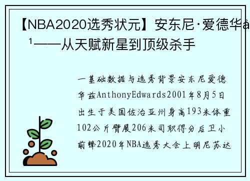 【NBA2020选秀状元】安东尼·爱德华兹——从天赋新星到顶级杀手