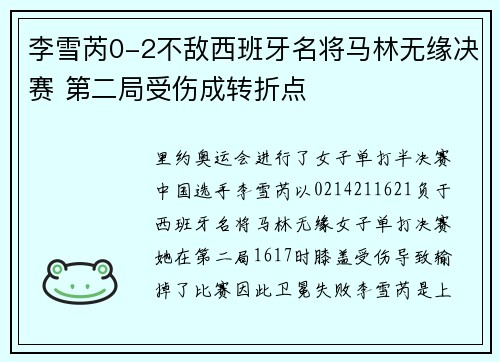 李雪芮0-2不敌西班牙名将马林无缘决赛 第二局受伤成转折点