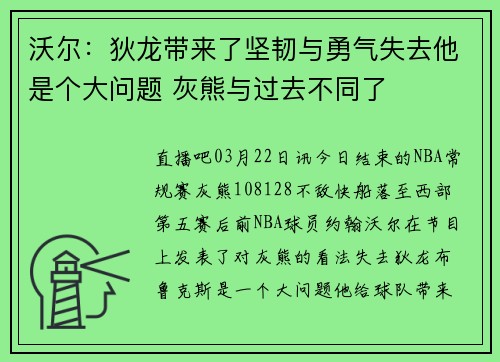 沃尔：狄龙带来了坚韧与勇气失去他是个大问题 灰熊与过去不同了
