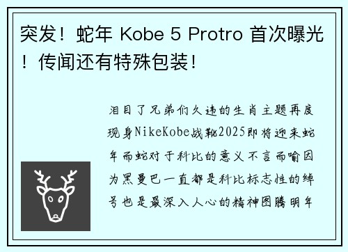 突发！蛇年 Kobe 5 Protro 首次曝光！传闻还有特殊包装！