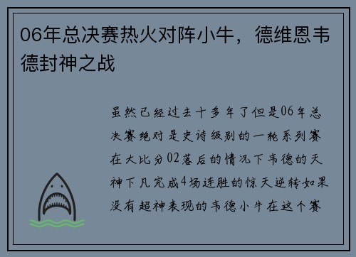 06年总决赛热火对阵小牛，德维恩韦德封神之战